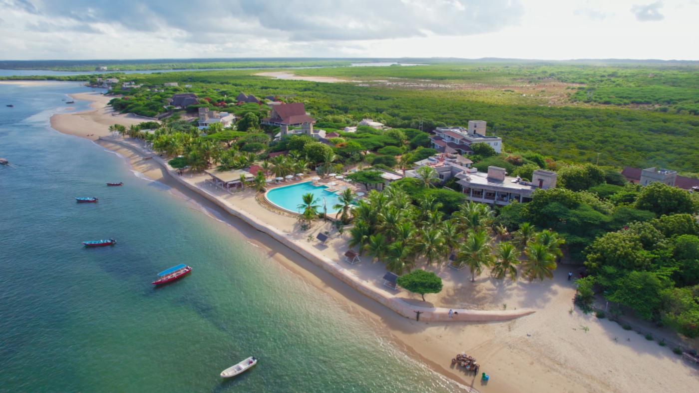 Aerial view of The Majlis resort on the shoreline in Lamu