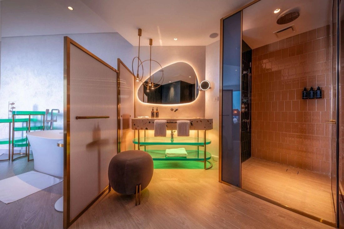 Suite bathroom with freestanding tub and walk-in shower