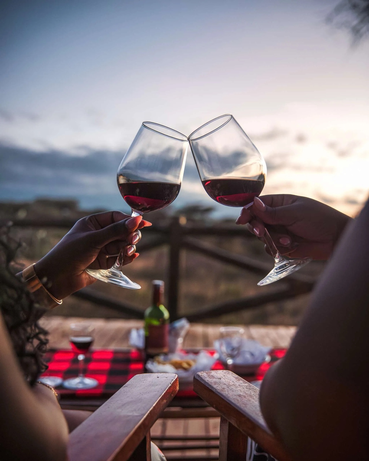 Two glasses of red wine raised at a sundowner